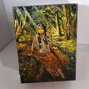 Vtg Wooden Trinket/Jewelry Box. Native American Woman